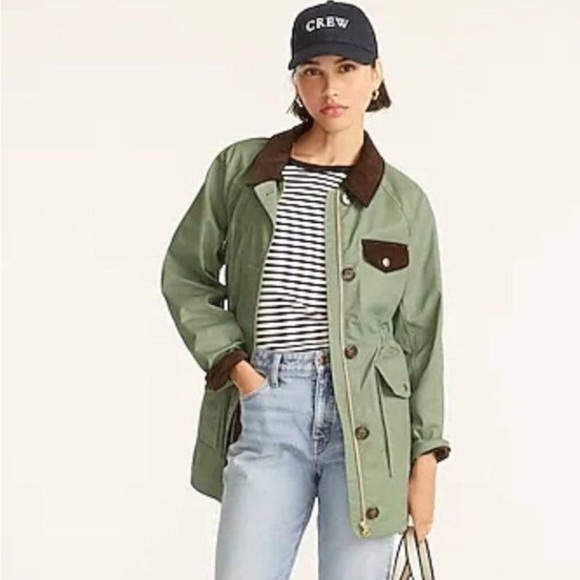 J Crew Classic Field Jacket Corduroy Trim Light Green Utility Coated Coat SMALL - Picture 2 of 11
